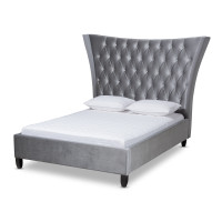 Baxton Studio CF9015-Silver Grey-King Viola Glam and Luxe Grey Velvet Fabric Upholstered and Button Tufted King Size Platform Bed with Tall Wingback Headboard